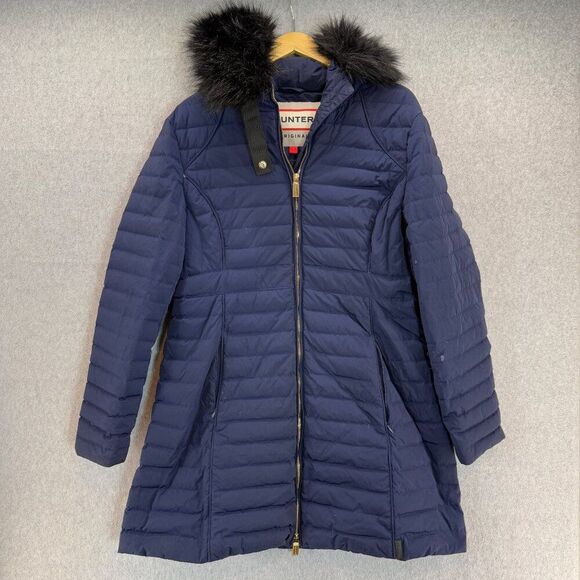Hunter Women's Size Large Navy Blue Puffer Coat Faux Fur Collar Hood Down Fill - Picture 2 of 16